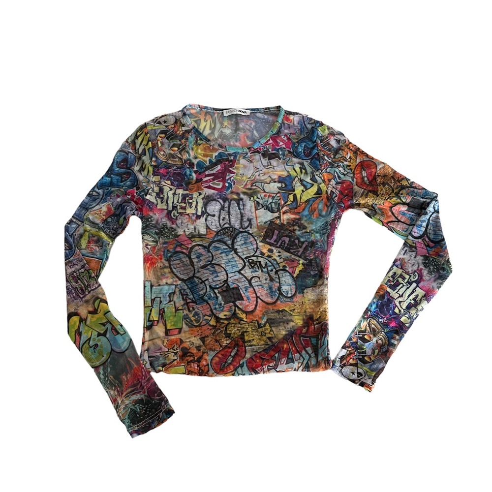 graffiti graphic print mesh top